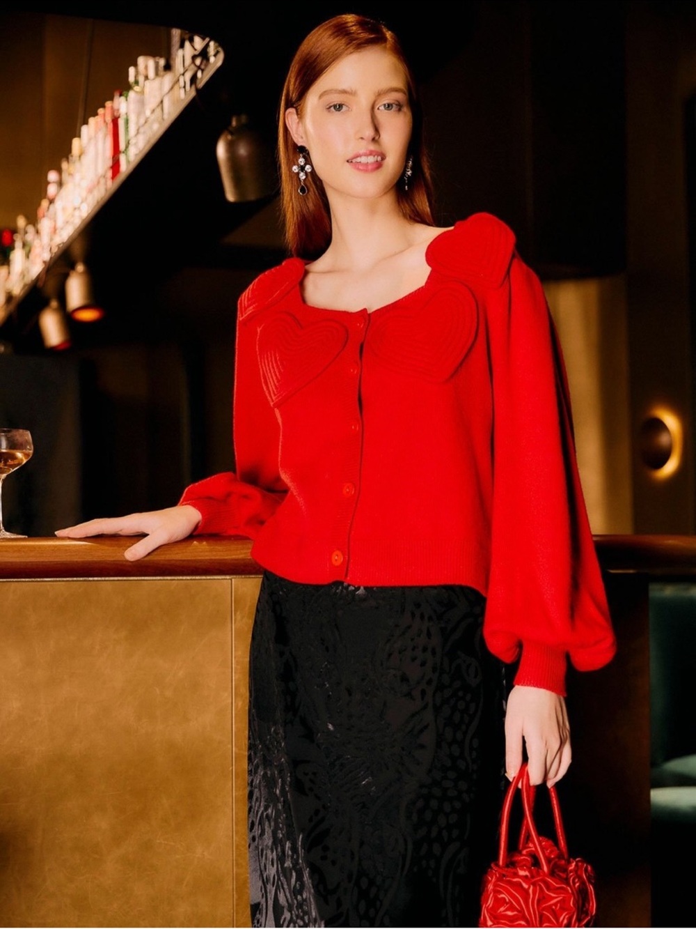 Farm Rio Sweater Heartful Heart Cardigan in Vibrant Red